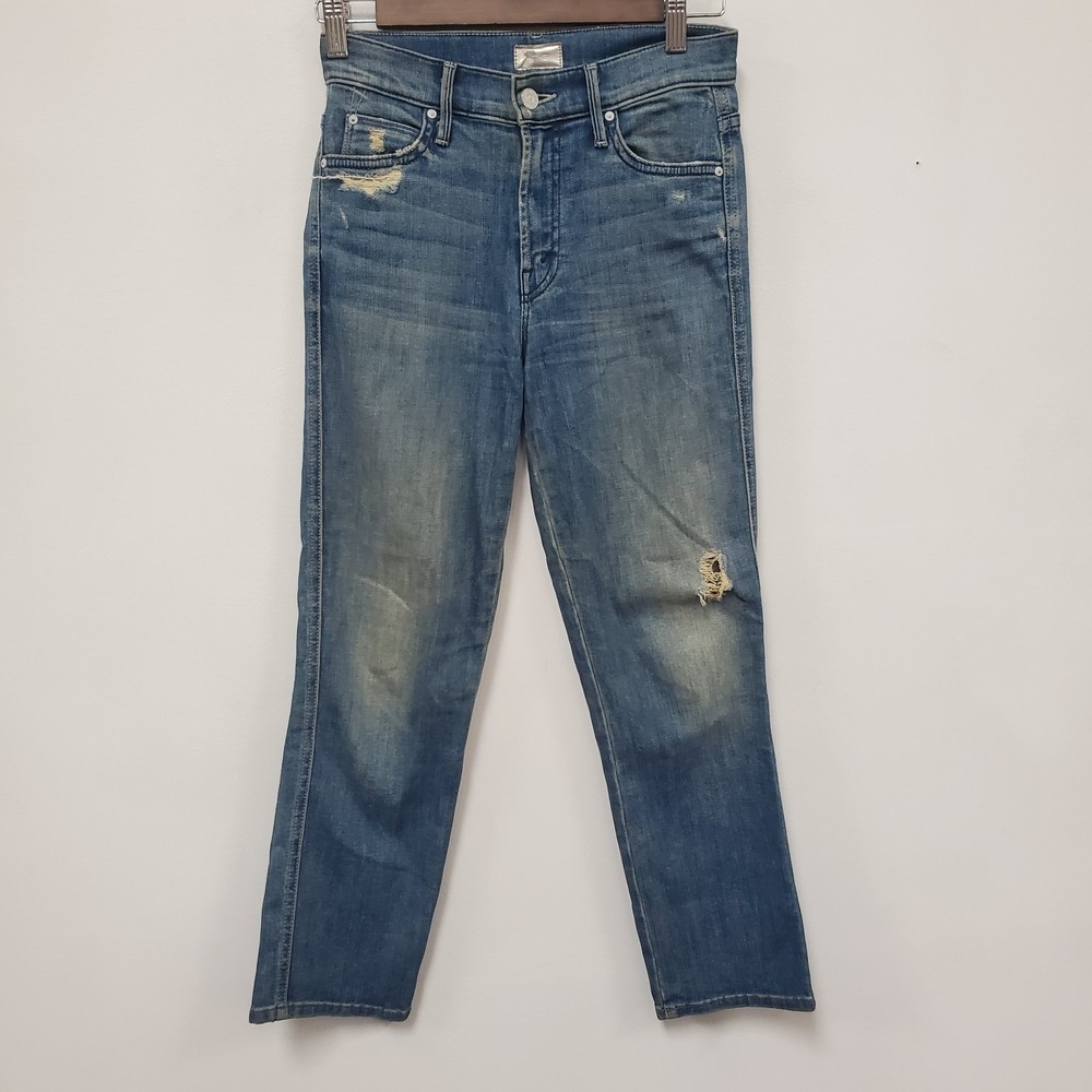 Mother High Waisted Rascal Crop Jeans Size 24 Graffiti Girl Distressed Blue